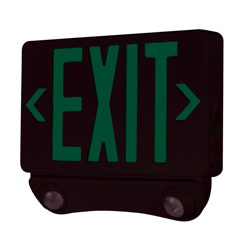 LED Exit and Emergency Combination with Adjustable Heads, Green Letters / Black Housing