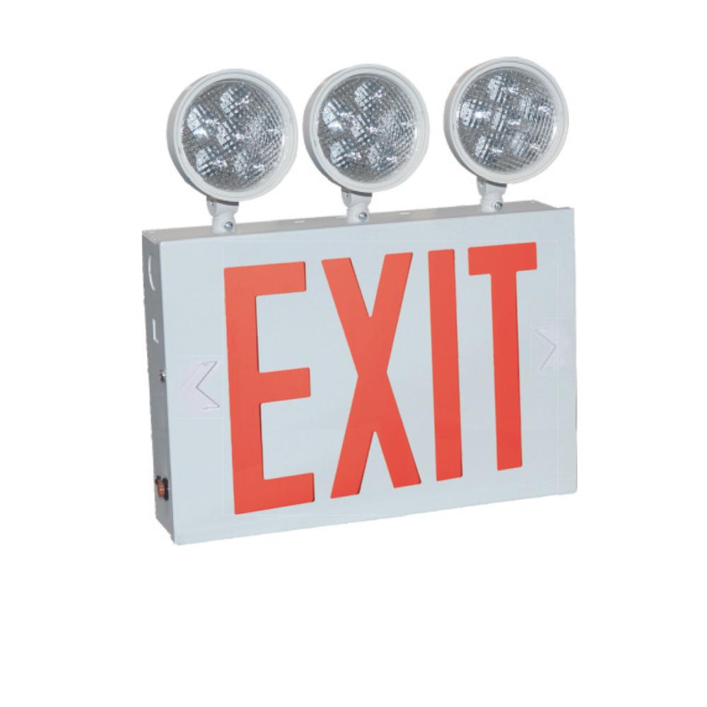 NYC Approved Steel LED Exit with Three 9W Adjustable Heads, Battery Backup, Red