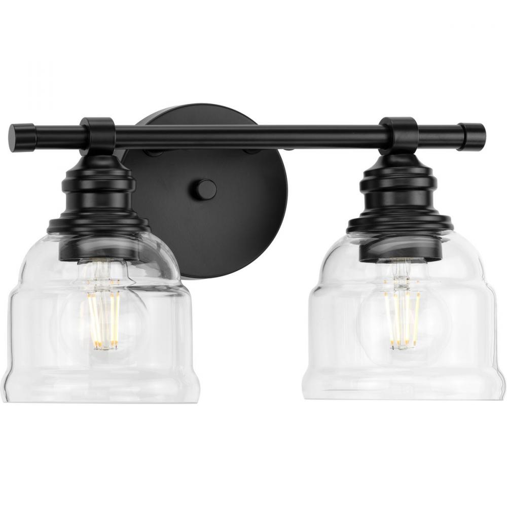 Ambrose Collection Two-Light Farmhouse Matte Black Clear Glass Bath Vanity Light