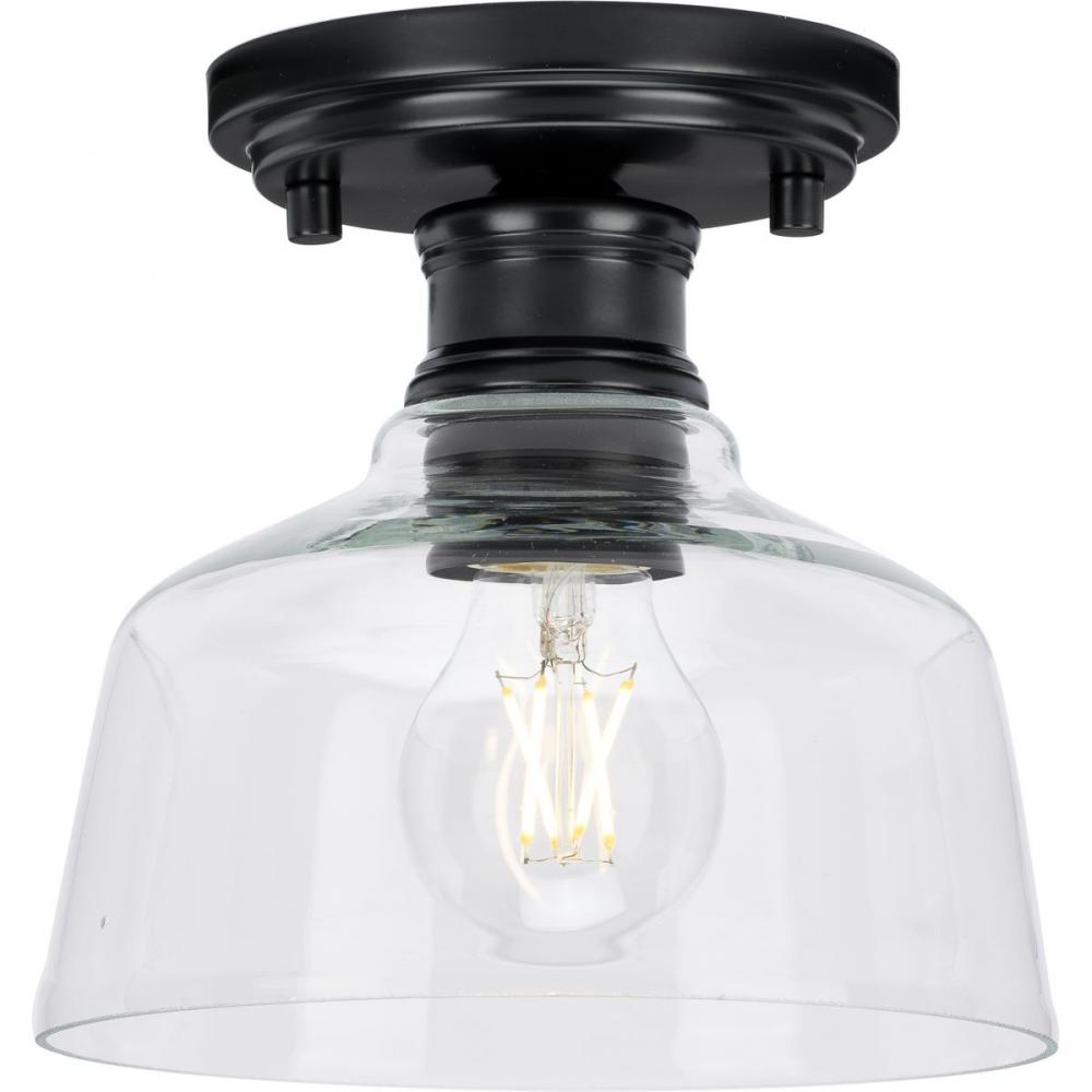 Singleton Collection One-Light 7.62" Matte Black Farmhouse Small Semi-Flush Mount Light with Cle