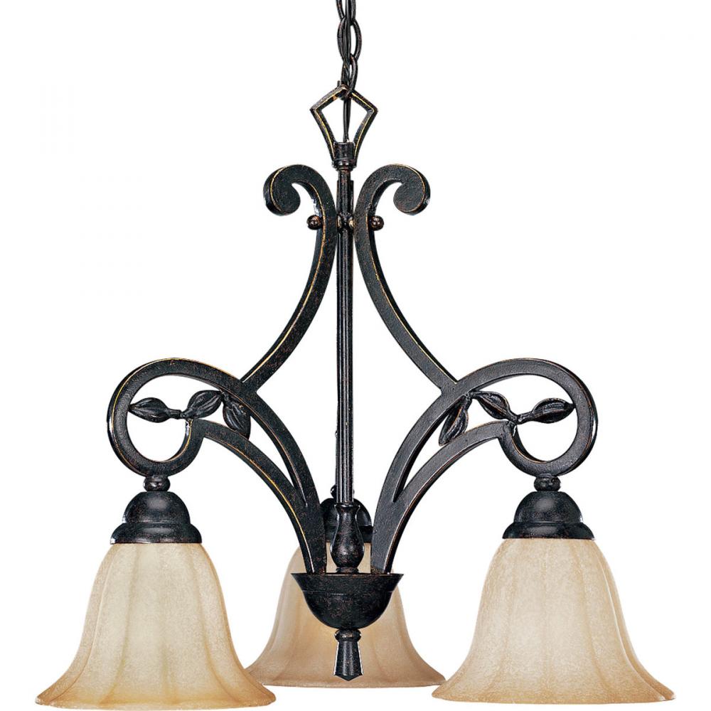 Three Light Espresso Weathered Sandstone Glass Down Chandelier