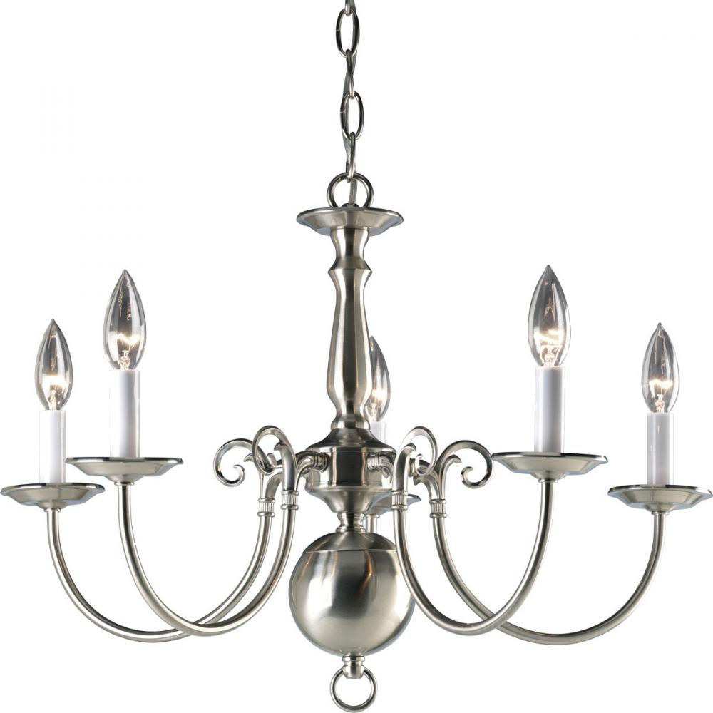 Americana Collection Five-Light Brushed Nickel White Candle Traditional Chandelier Light