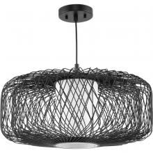 Progress P500397-202 - Cordova Collection One-Light Black Large Rattan Organic Modern Pendant with White Linen Shade