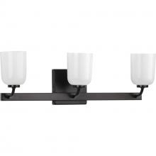  P300282-031 - Moore Collection Three-Light Matte Black White Opal Glass Luxe Bath Vanity Light