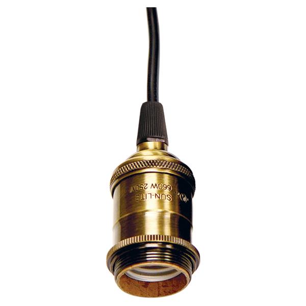 Medium base lampholder; 4pc. Solid brass; prewired; Uno ring; 6ft. 18/2 SVT Black Cord; Antique