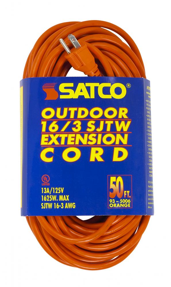 50 Foot Orange Heavy Duty Outdoor Extension Cord; 16/3 Ga. SJTW-3 Orange Cord With Sleeve; 13A-125V;