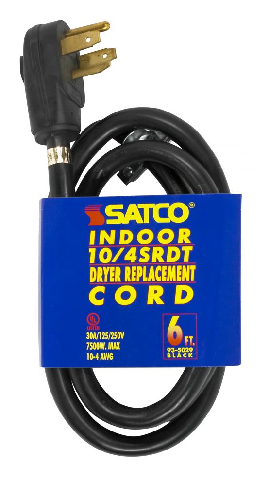 6 Foot, 4 Wire Heavy Duty Replacement Dryer Cord; 10-4 SRDT Black Round; Indoor Use Only;