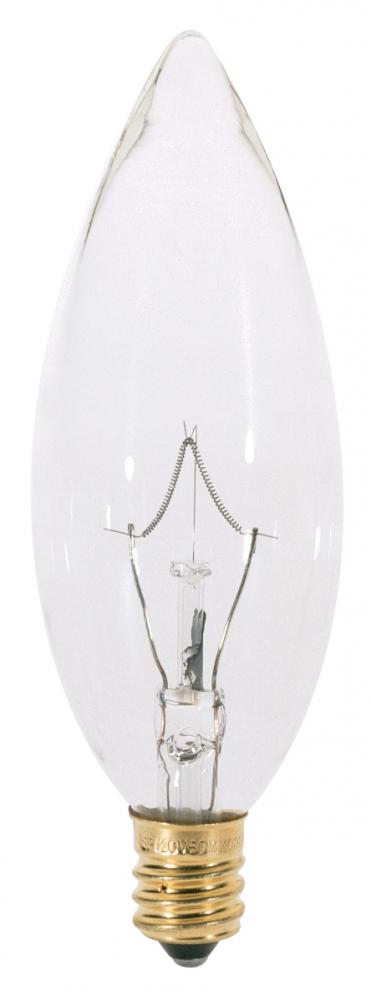 40 Watt BA9 1/2 Incandescent; Clear; 1500 Average rated hours; 384 Lumens; Candelabra base; 120 Volt