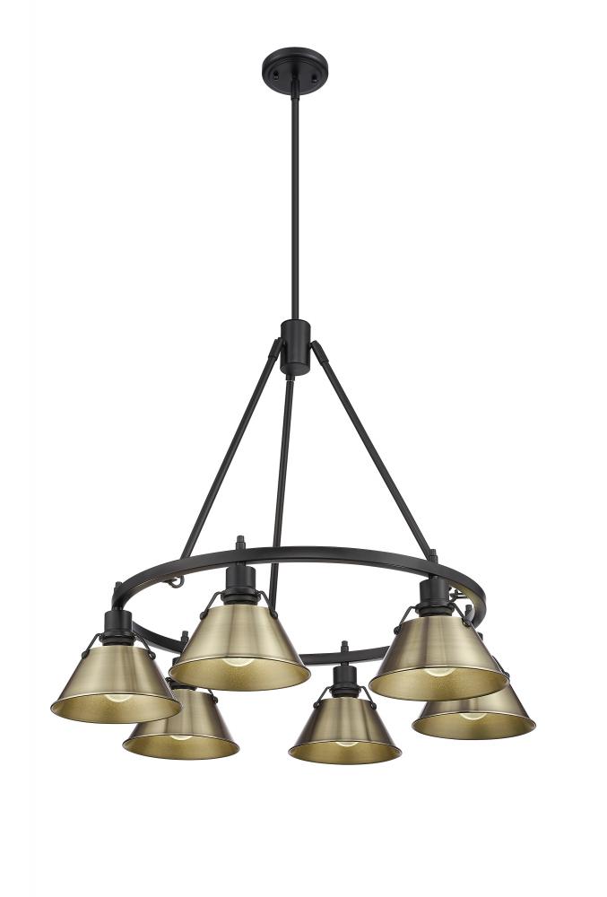 Orwell BLK 6 Light Chandelier in Matte Black with Aged Brass shades