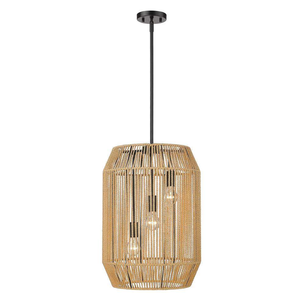 Marlee 3 Light Pendant in Matte Black with Natural Raphia Rope Shade