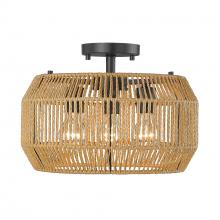 Golden 6076-SF BLK-NR - Marlee 3 Light Semi-Flush in Matte Black with Natural Raphia Rope Shade