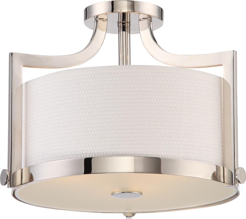 Meadow - 3 Light Semi Flush with White Fabric Shade - Polished Nickel Finish